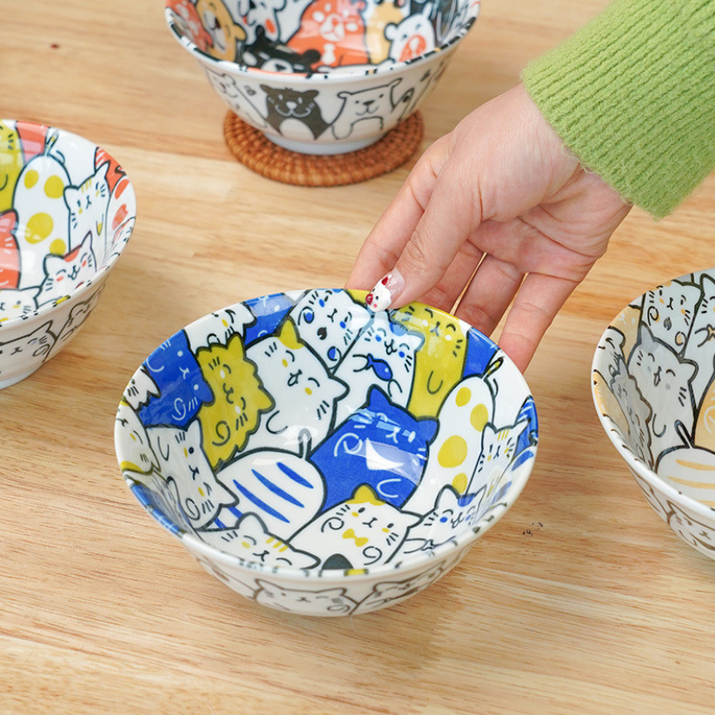 Mino Ware Cat and Dog Series Underglaze Rice Bowl