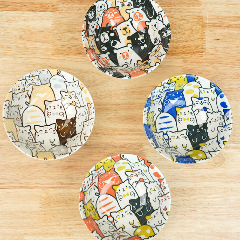 Mino Ware Cat and Dog Series Underglaze Rice Bowl