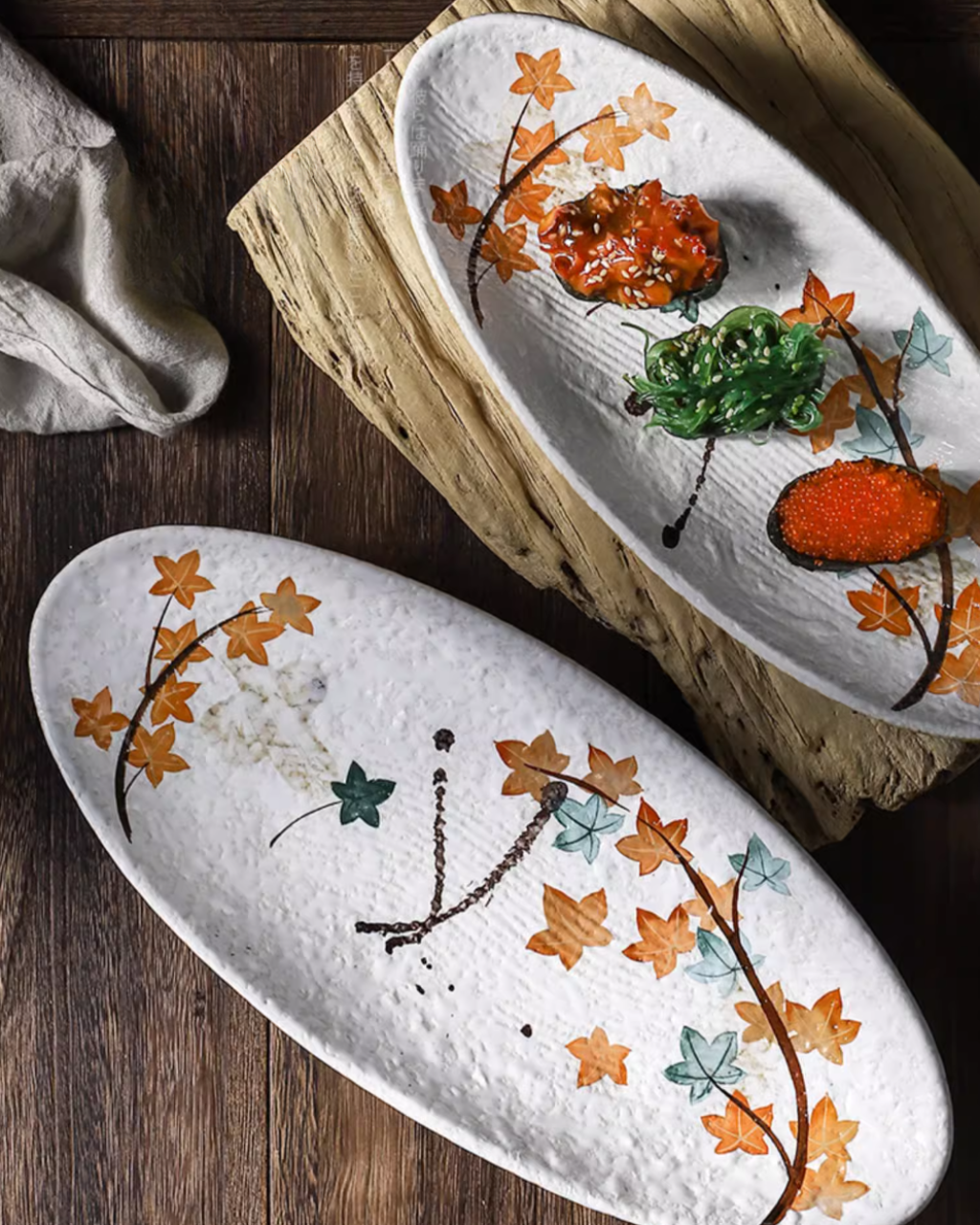 Fukutora Ware Hand-Painted Maple Leaf Sushi Plate