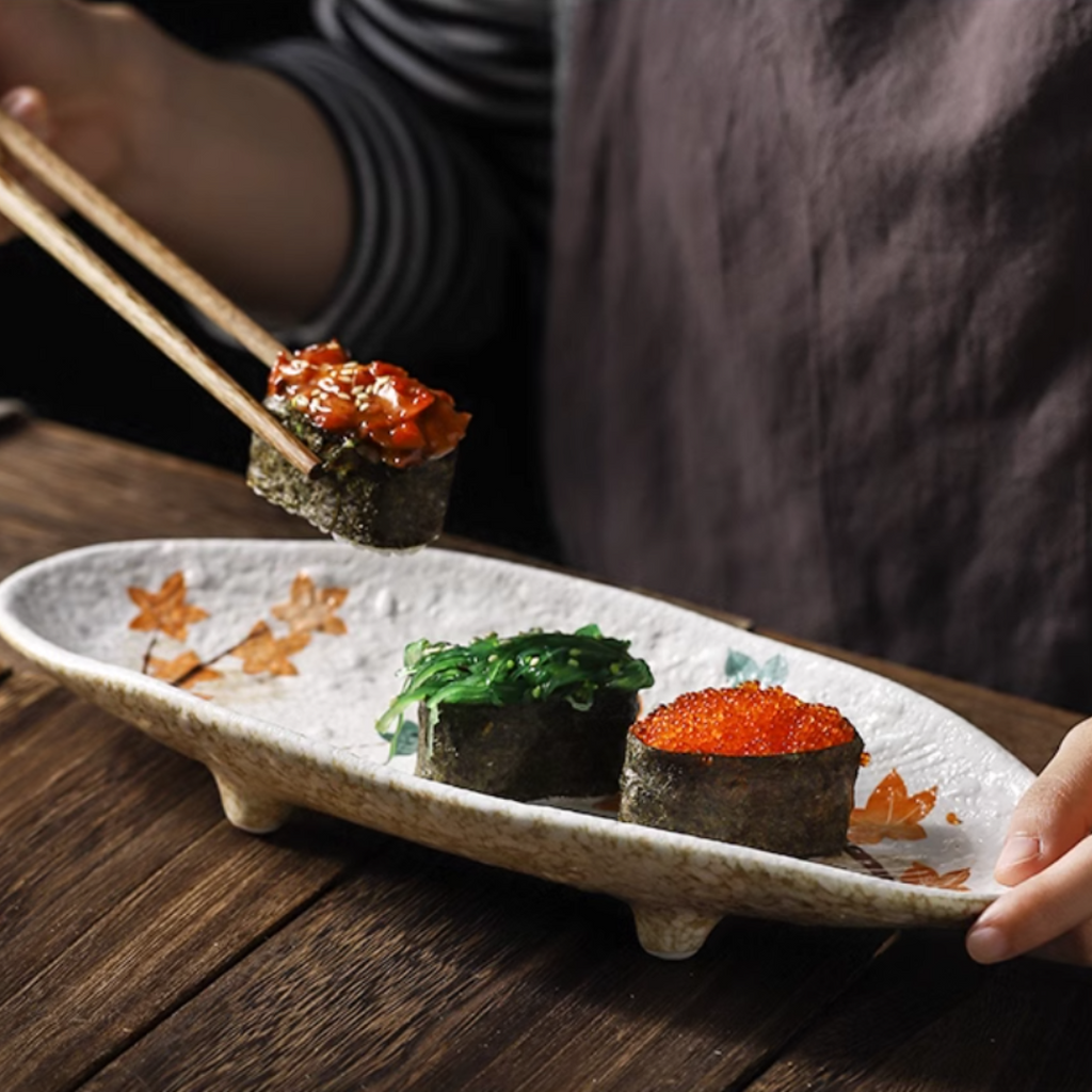 Fukutora Ware Hand-Painted Maple Leaf Sushi Plate