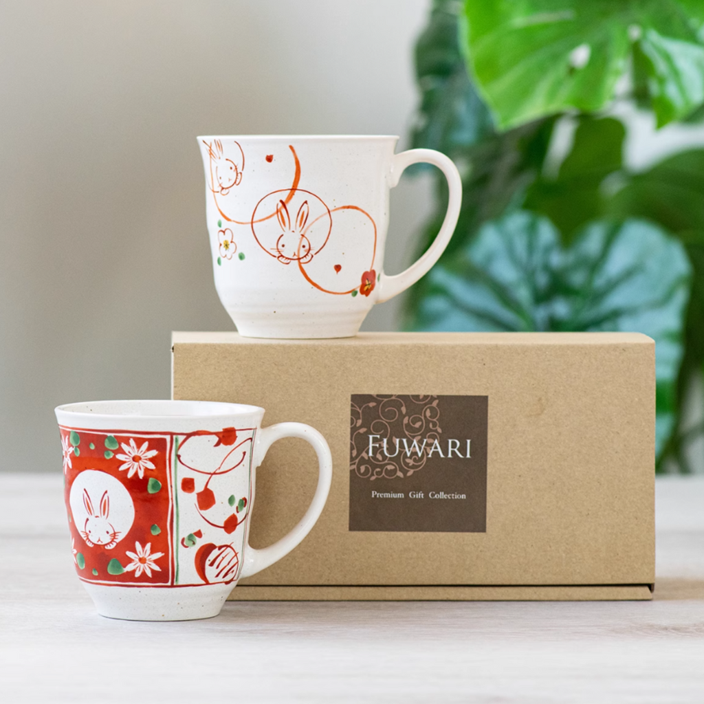 Mino Ware Wind, Flower, Snow & Rabbit Couple Mug Set – Wedding & Housewarming Gift