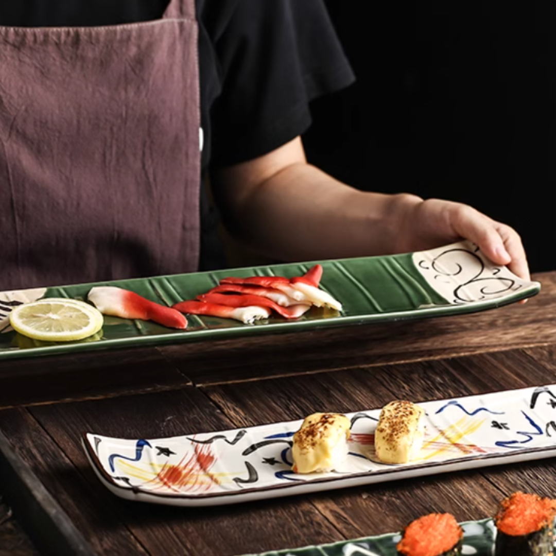 Fukutora Ware Hand-Painted Checkered Long Sushi Plate