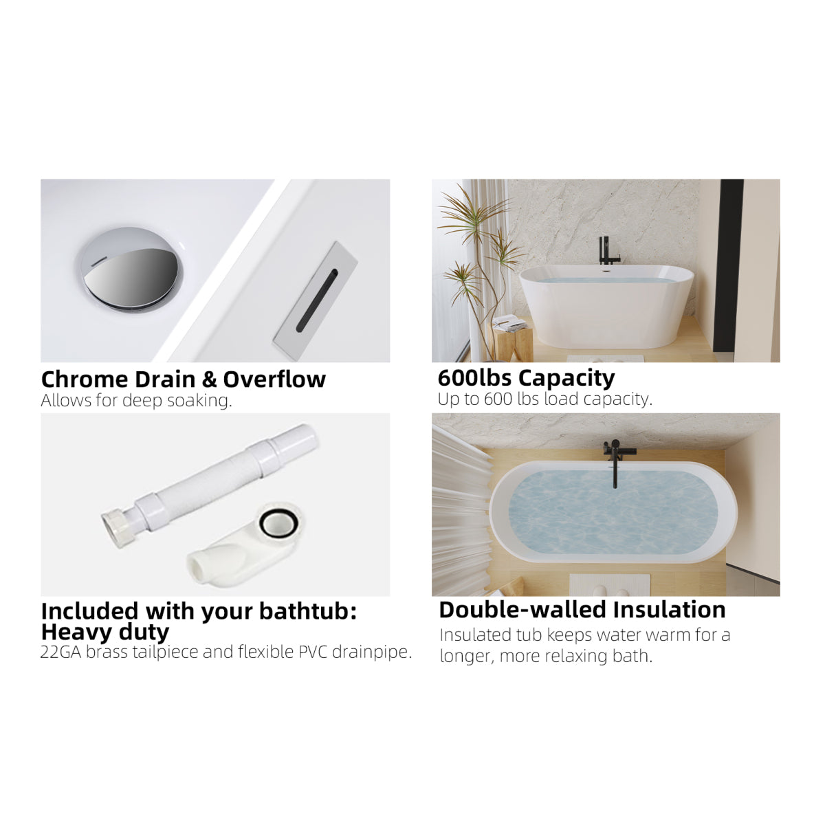 55-inch Glossy White Soaking Tub