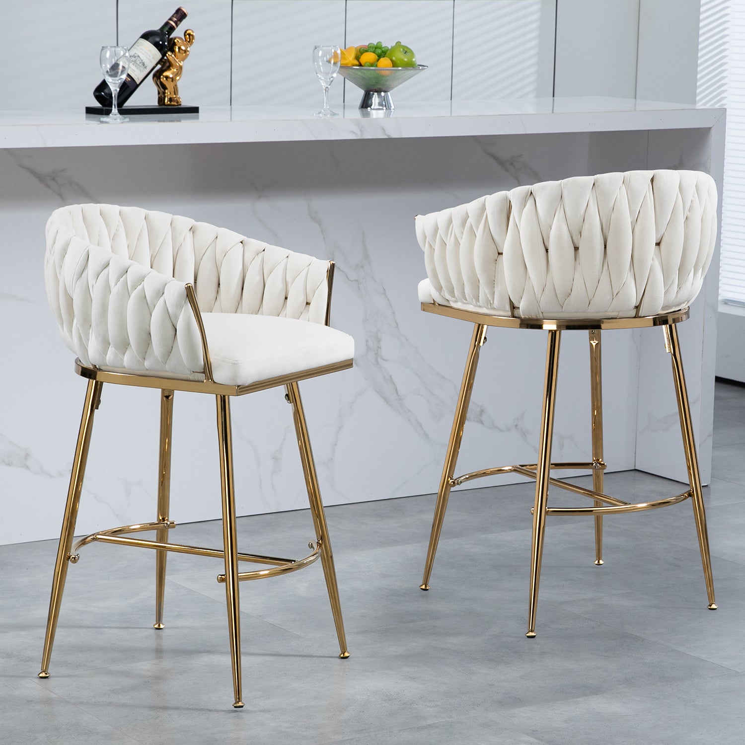 Wave Back Velvet Counter Stool – Gold Base, 26", Beige