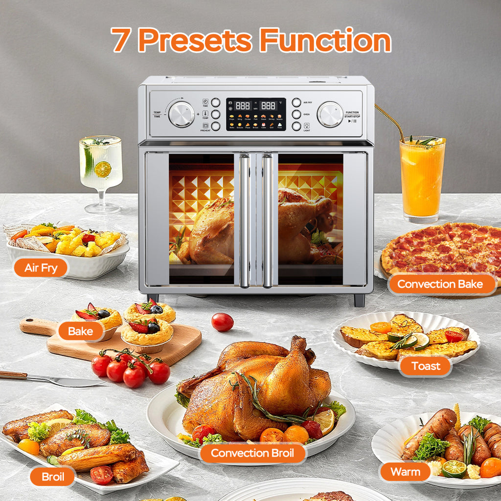 PlumChef 26QT Large French Double Door Air Fryer Oven 1700W 14 Presets 7in1 Silver