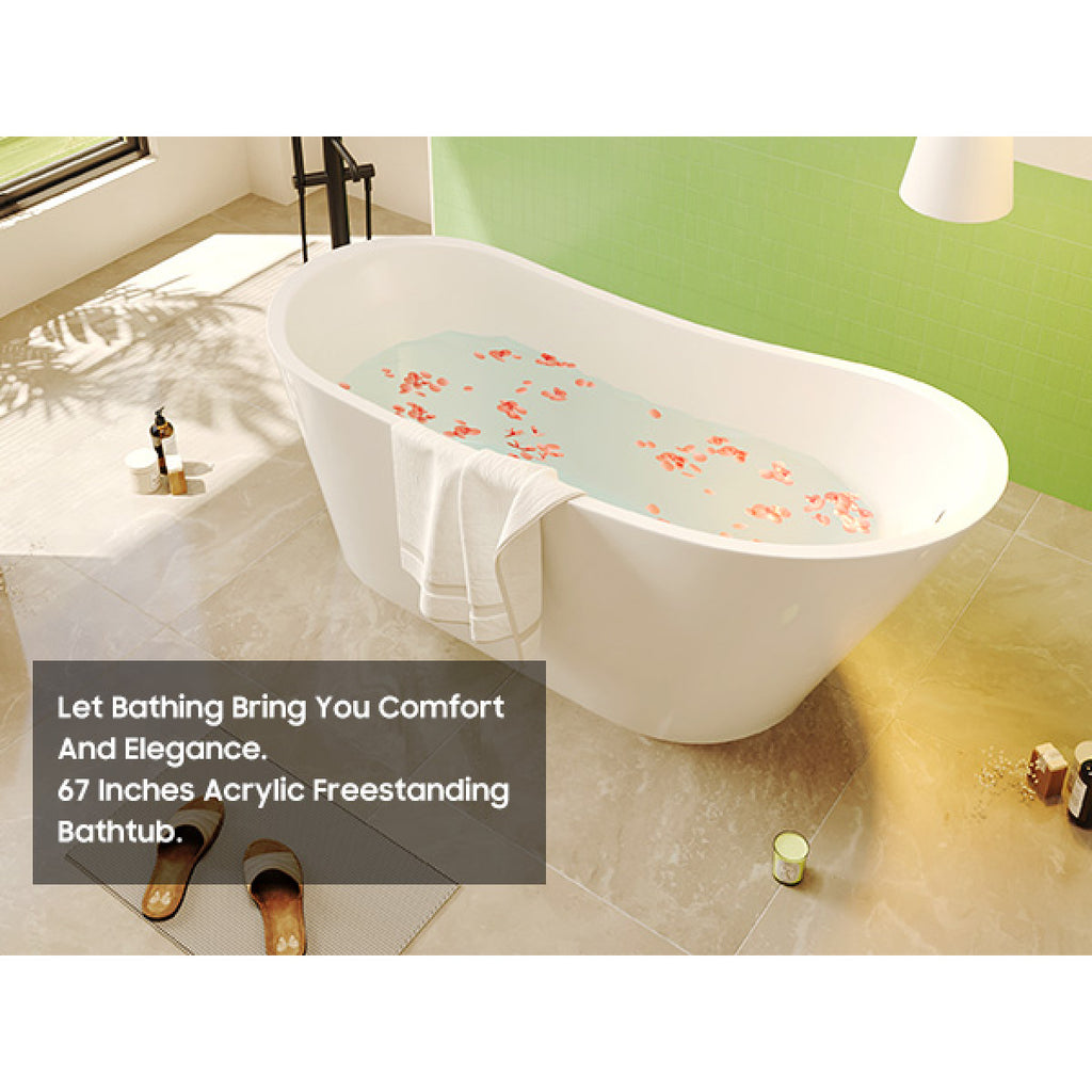 67'' Acrylic Freestanding Bathtub,Deep Soaking Bathtub, Glossy White, Chrome overflow and anti clogging drain, cUPC Certified