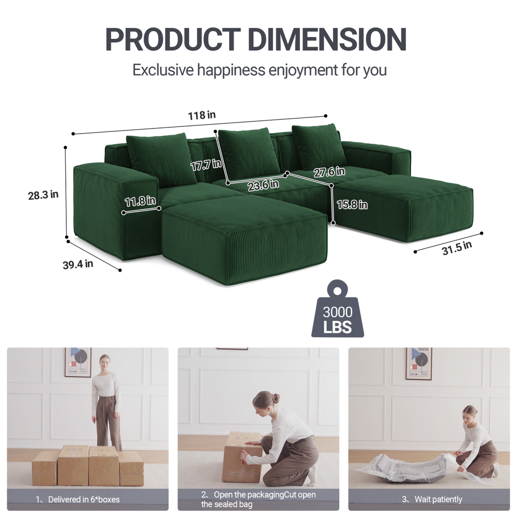 118-inch modular sofa can be converted into an oversized sofa bed Free conversion sofa set flexible configuration, soft corduroy cloud velvet fabric