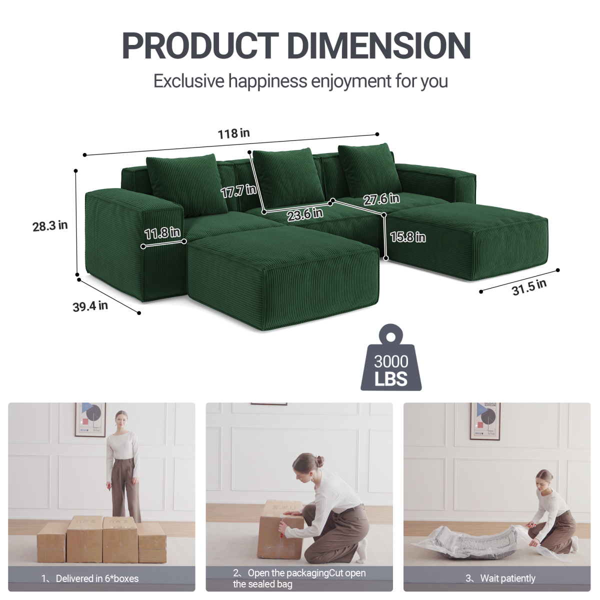 118-inch modular sofa can be converted into an oversized sofa bed Free conversion sofa set flexible configuration, soft corduroy cloud velvet fabric