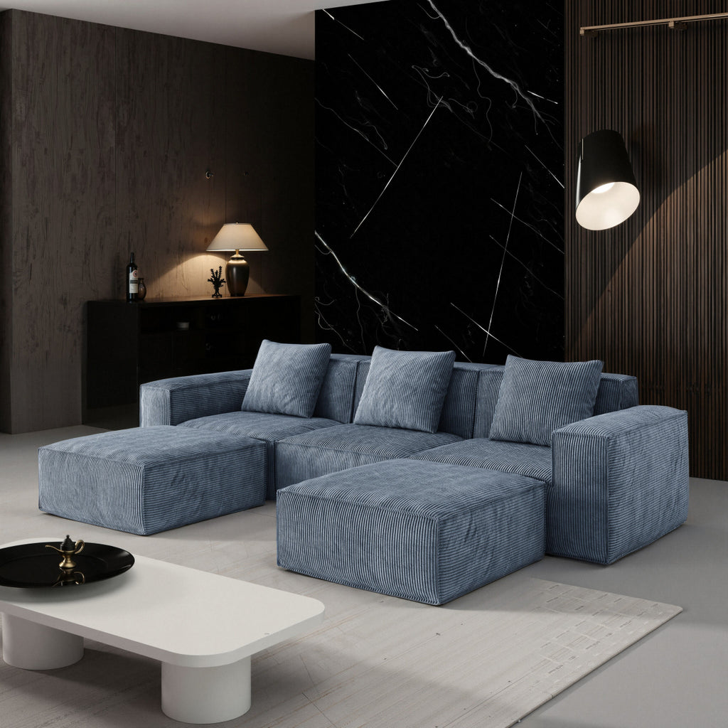 ShineHome 118 Inch Modular Sofa Bed Gray Corduroy Cloud Velvet Fabric With Flexible Configuration And Two Footrests