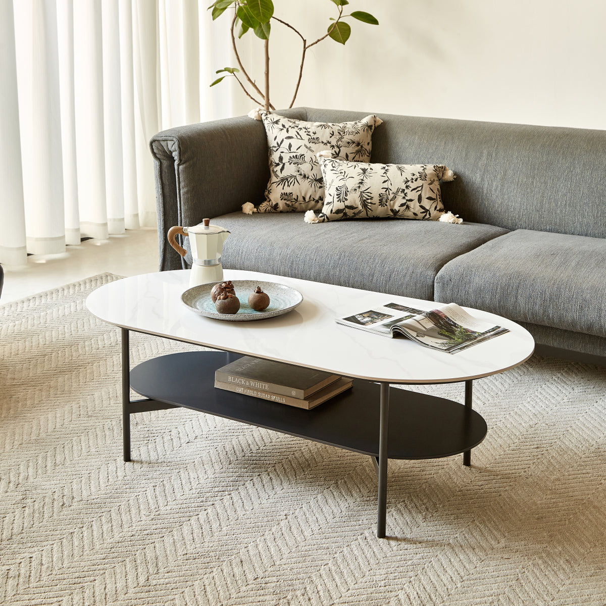 Contemporary Ceramic Coffee Table for Living Room White Glossy Top with Warm Coffee Brown MDF Bottom Shelf Double Layer Functional Design