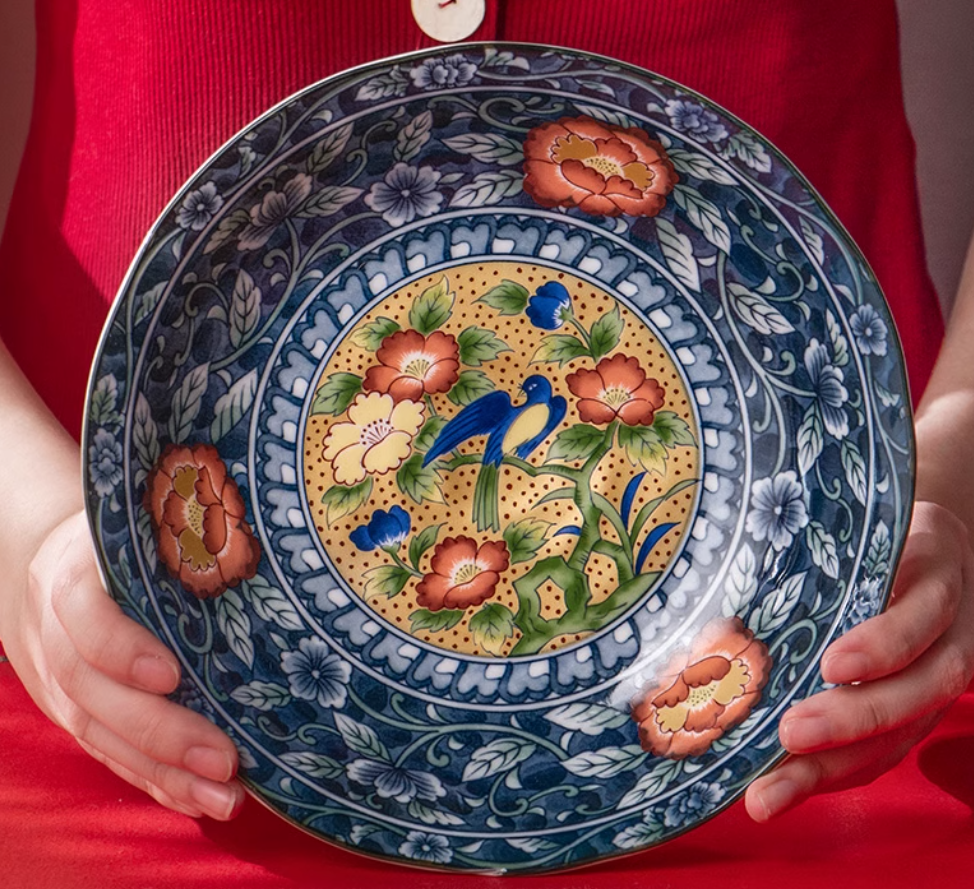 Mino Ware Imperial Style Red Floral and Bird Pattern Plate