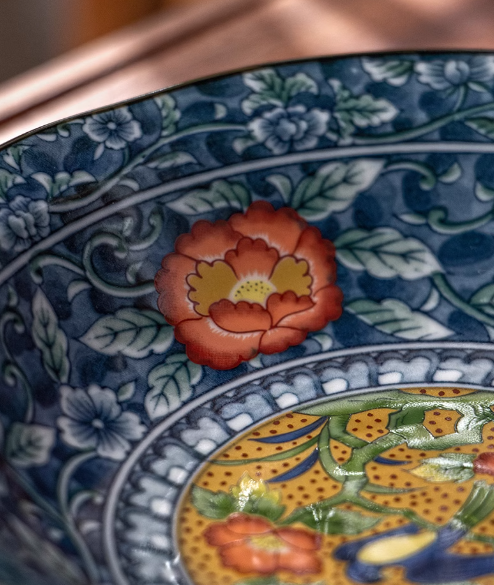 Mino Ware Imperial Style Red Floral and Bird Pattern Plate