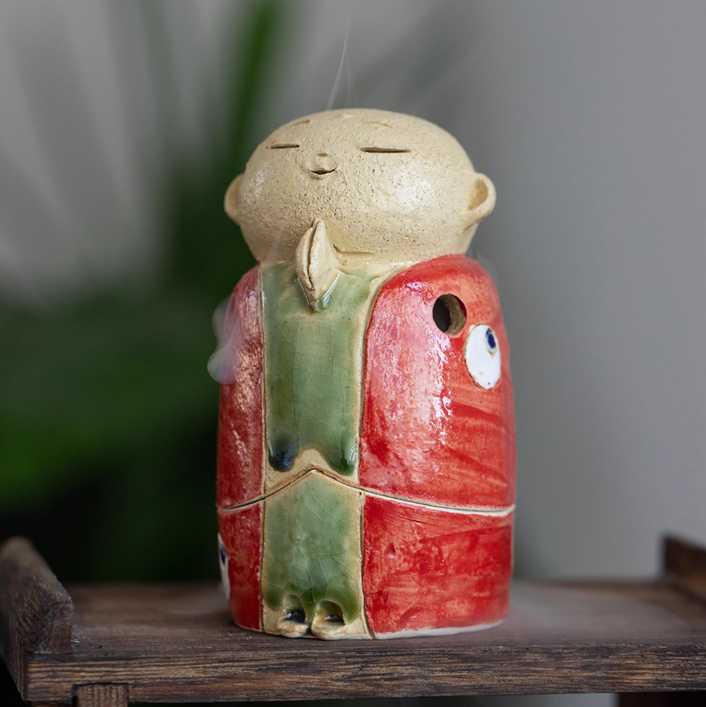 Seto Ware Handmade Rustic Clay Jizo Bodhisattva Incense Burner