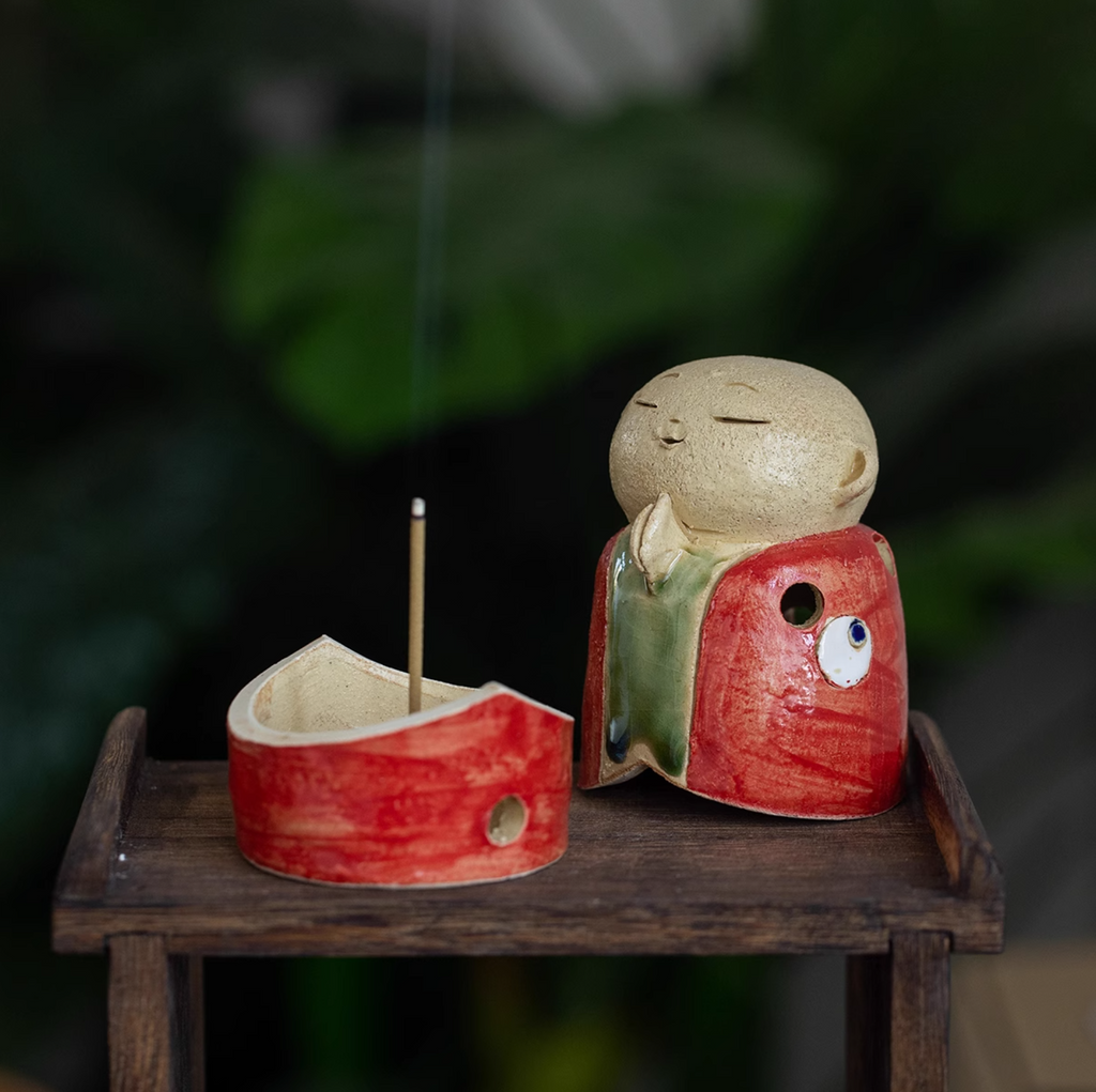Seto Ware Handmade Rustic Clay Jizo Bodhisattva Incense Burner