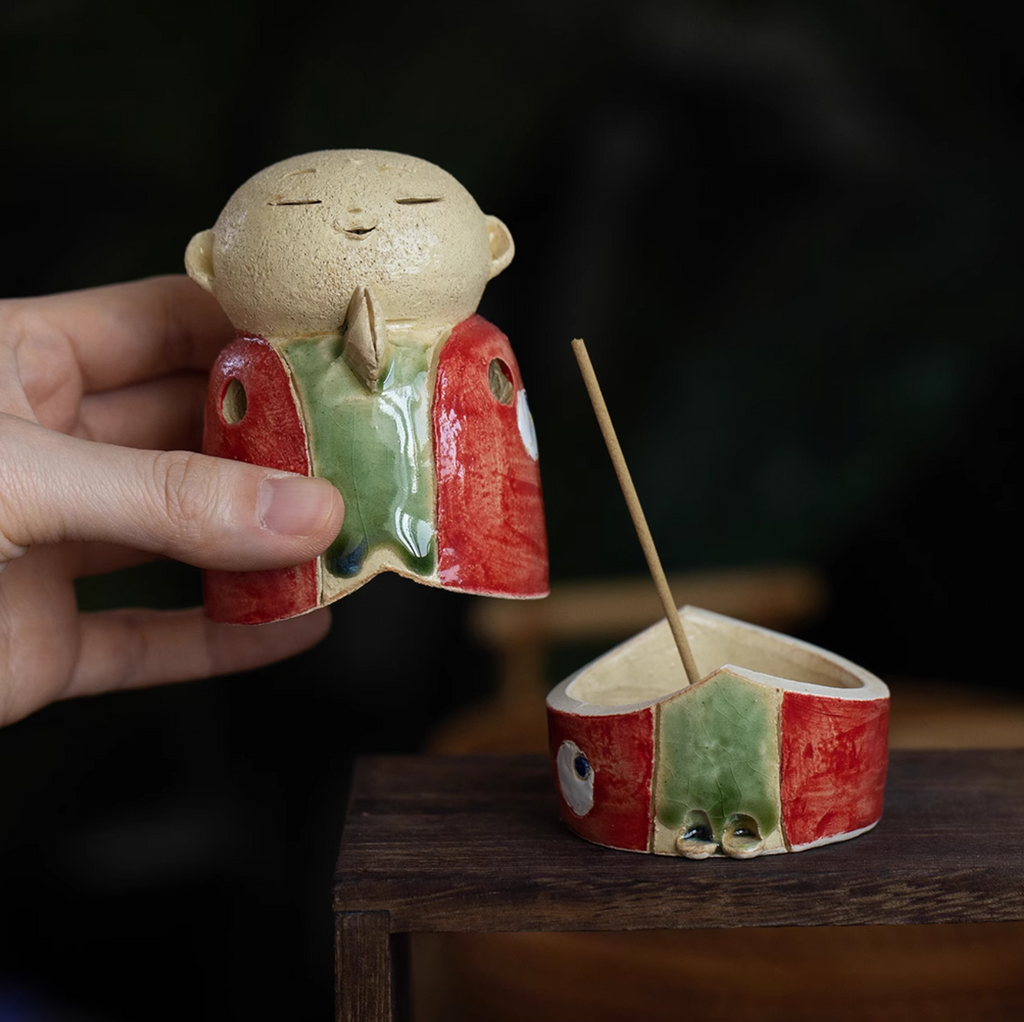 Seto Ware Handmade Rustic Clay Jizo Bodhisattva Incense Burner