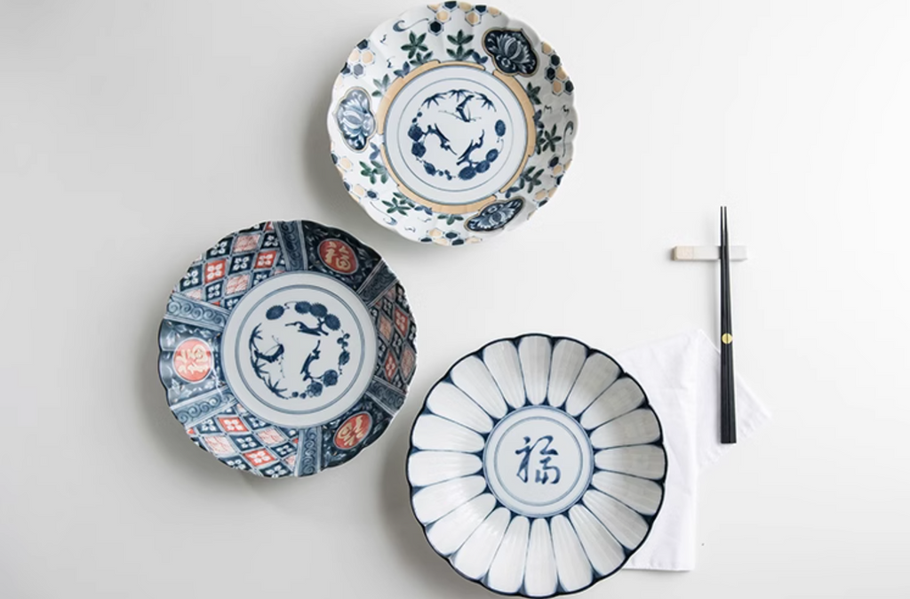 Mino Ware Underglaze 'Fu' Character Ceramic Plate Gift Set