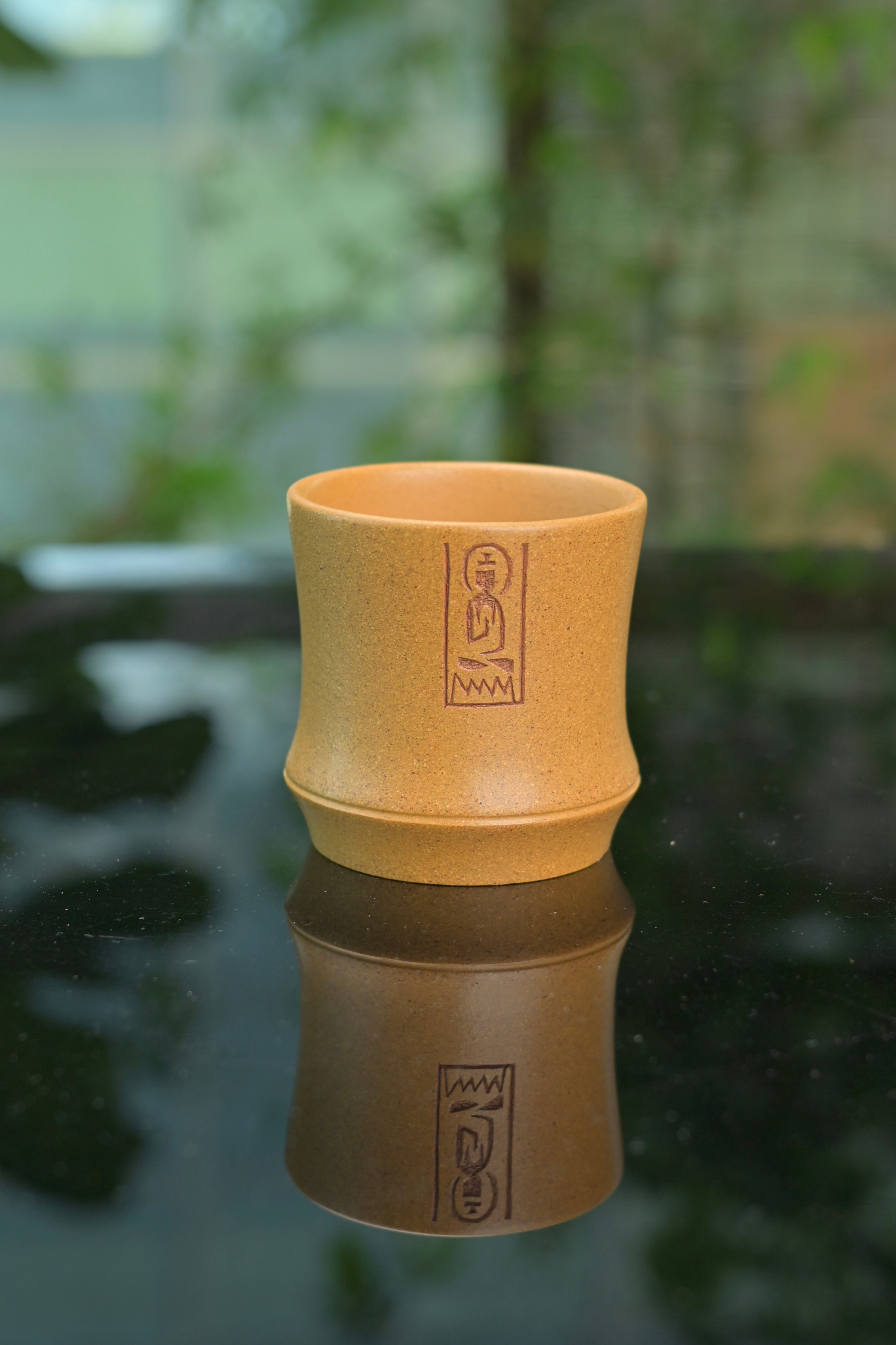 Yixing Huangjiangpo Zisha Zen Tea Cup – Hand-Carved Buddha & Calligraphy, 140ml