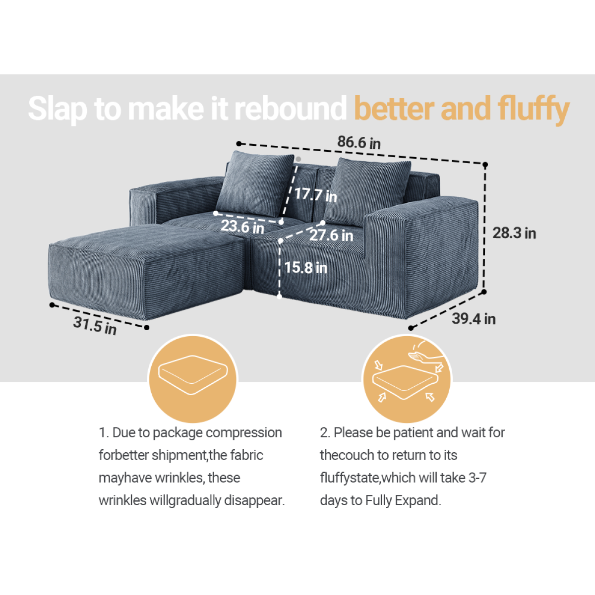 modular sofa can be converted into an oversized sofa bed Free conversion sofa set flexible configuration, soft corduroy cloud velvet fabric two person