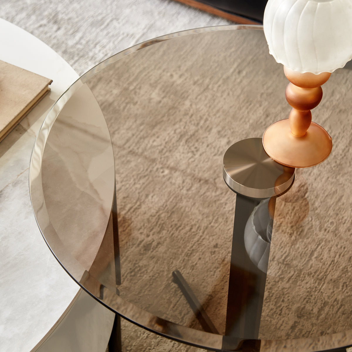 Round End Table with Glass Top 19.69 Inch Tall Accent Nightstand in Matte Black