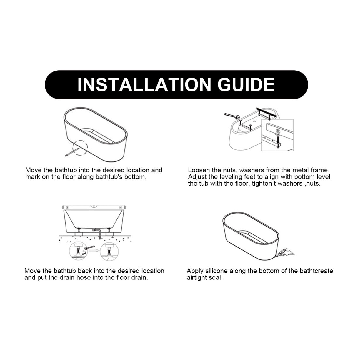 47" Acrylic Freestanding Bathtub ,Spacious rectangle Shape, Gloss White Finish, Chrome Overflow & Pop-Up Drain CUPC Certificate