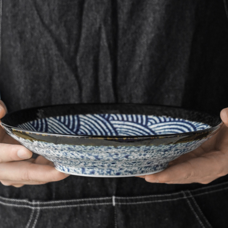 Mino Ware Wave Pattern Retro Underglaze Bowl and Plate Set