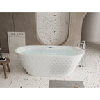 59'' acrylic freestanding bathtub with unique diamond pattern design: spacious oval shape,  Gloss white finish, Chrome overflow and pop-up drain CUPC