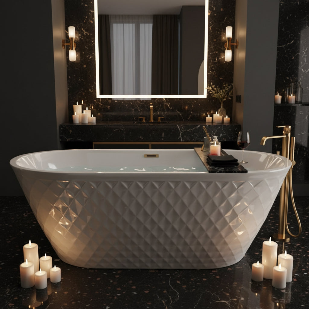 59'' acrylic freestanding bathtub with unique diamond pattern design: spacious oval shape,  Gloss white finish, Chrome overflow and pop-up drain CUPC