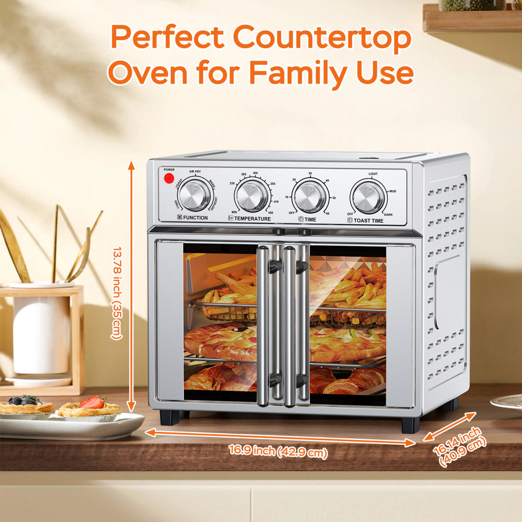 PlumChef 26QT XL French Double Door Air Fryer Convection Oven 1700W 7 Presets 7-in-1 Stainless Steel