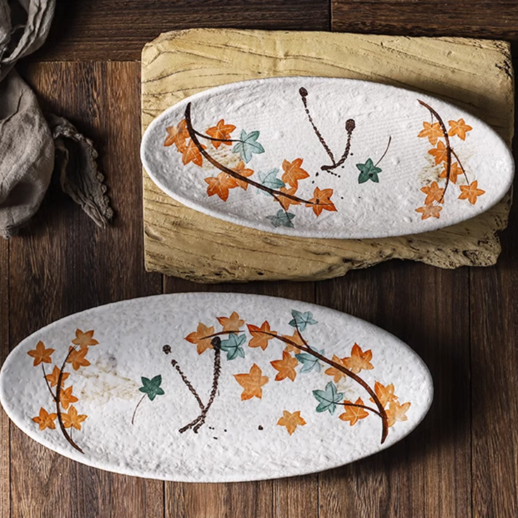 Fukutora Ware Hand-Painted Maple Leaf Sushi Plate