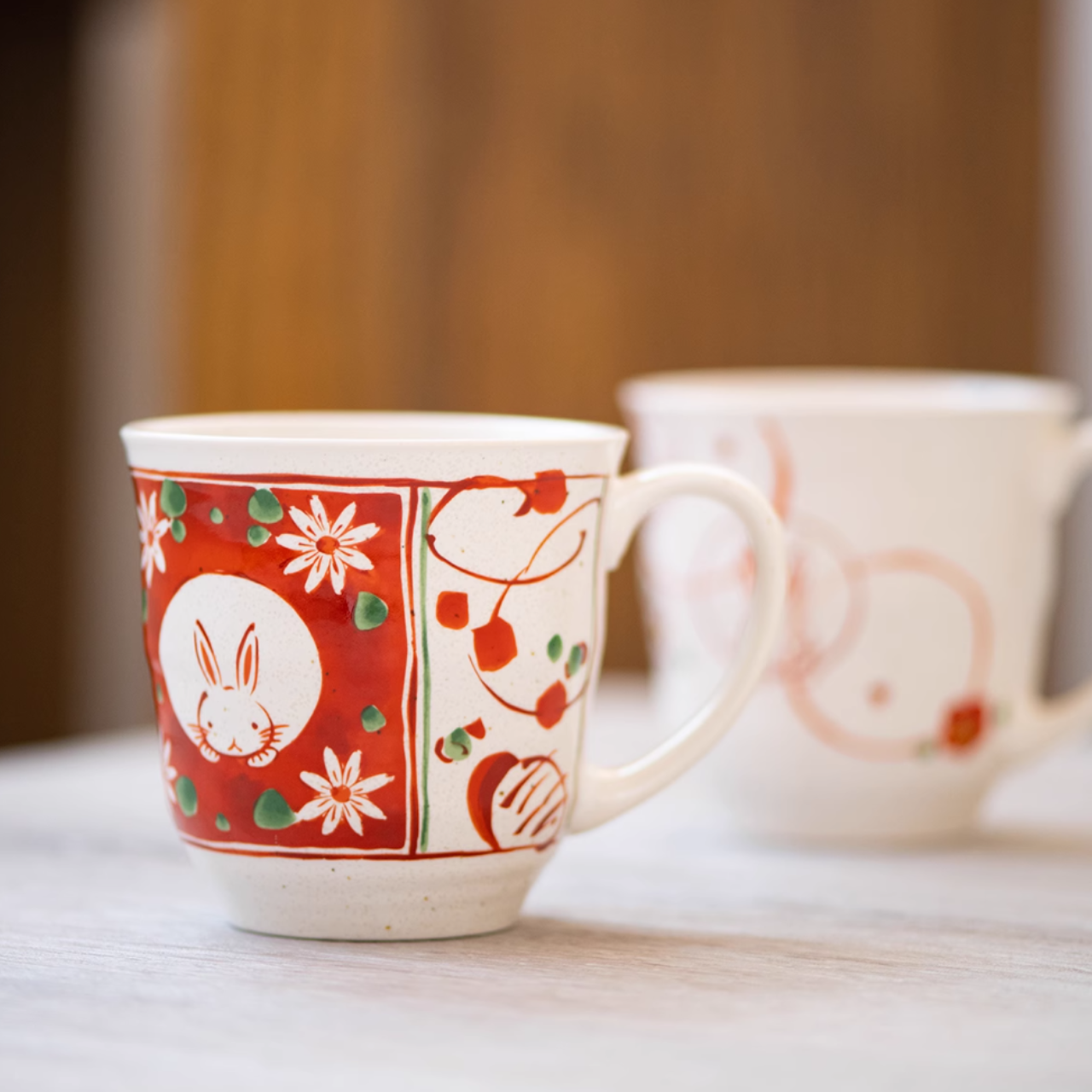 Mino Ware Wind, Flower, Snow & Rabbit Couple Mug Set – Wedding & Housewarming Gift