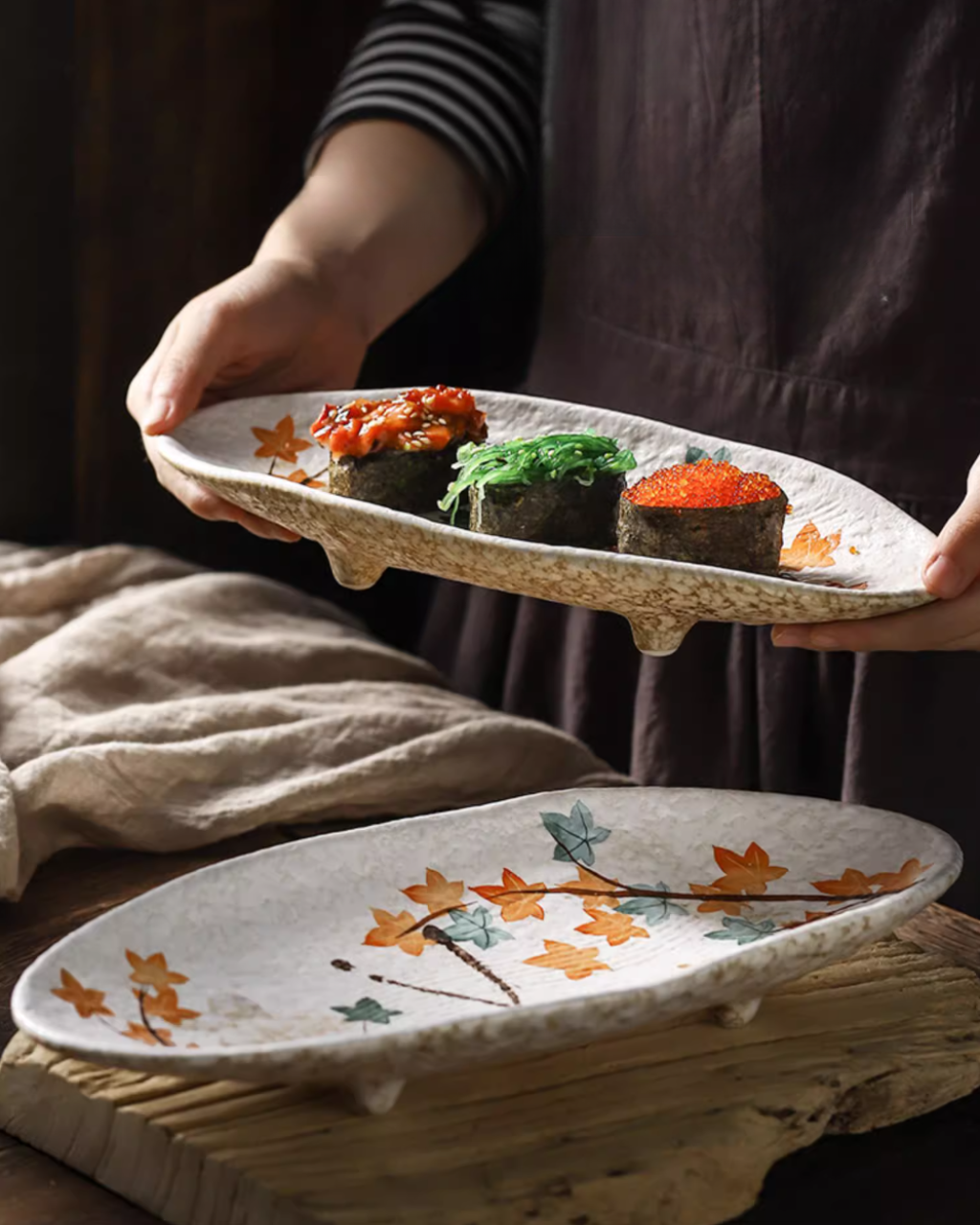 Fukutora Ware Hand-Painted Maple Leaf Sushi Plate