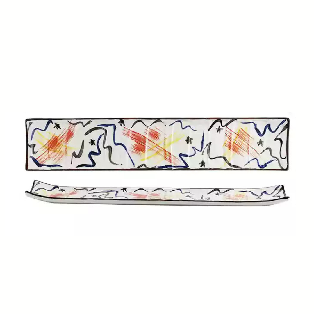 Fukutora Ware Hand-Painted Checkered Long Sushi Plate