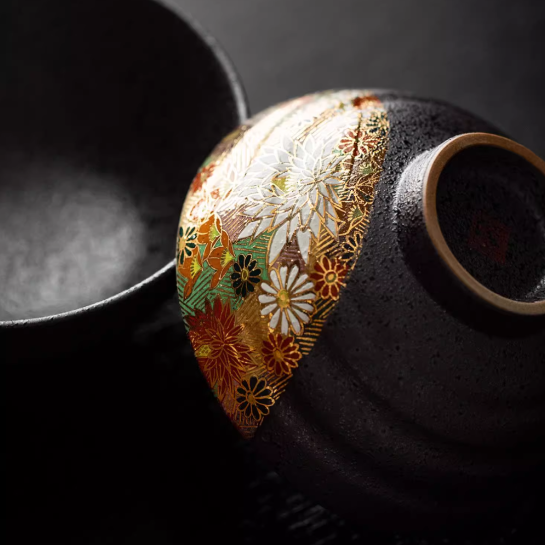 Kutani Ware Golden Floral Sea Rice Bowl Set