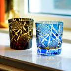 Edo Kiriko Hand-Carved Amber Lightning Pattern Whiskey Glass