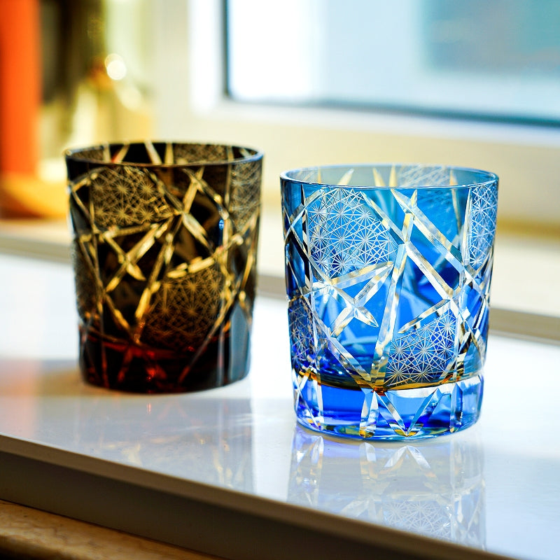 Edo Kiriko Hand-Carved Amber Lightning Pattern Whiskey Glass
