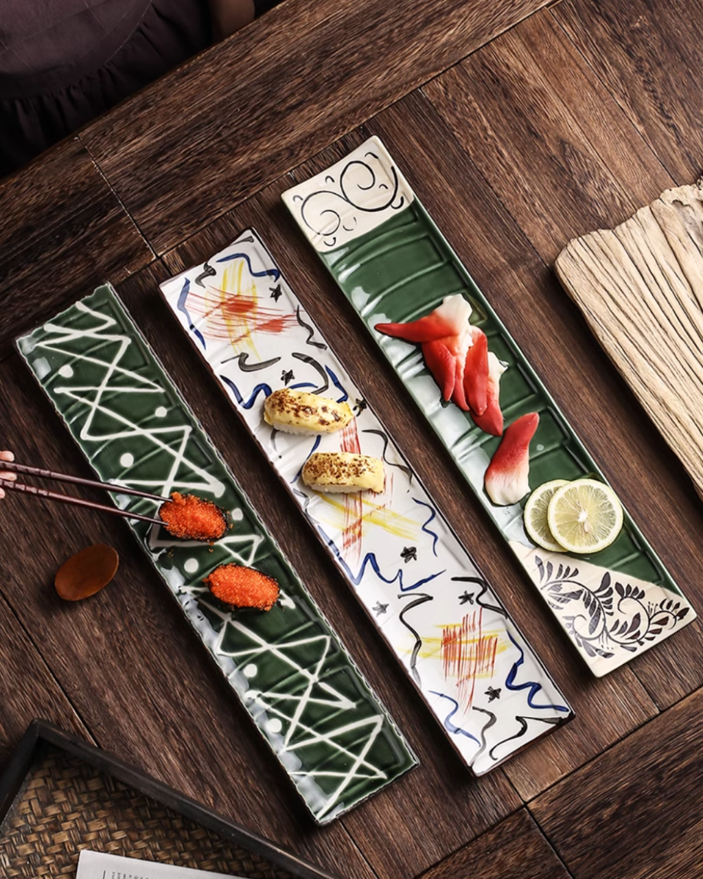 Fukutora Ware Hand-Painted Checkered Long Sushi Plate