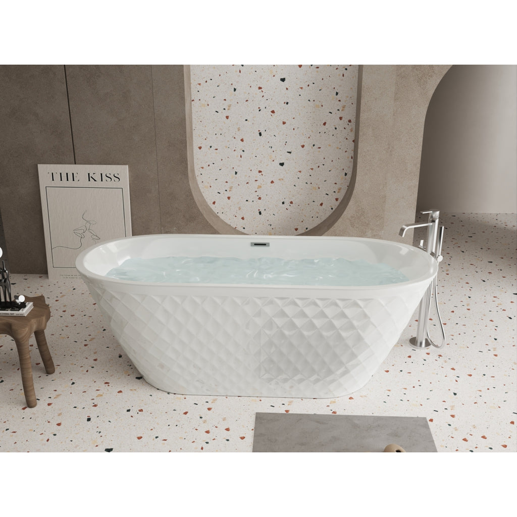 67'' acrylic freestanding bathtub with unique diamond pattern design: spacious oval shape,  Gloss white finish, Chrome overflow and pop-up drain CUPC