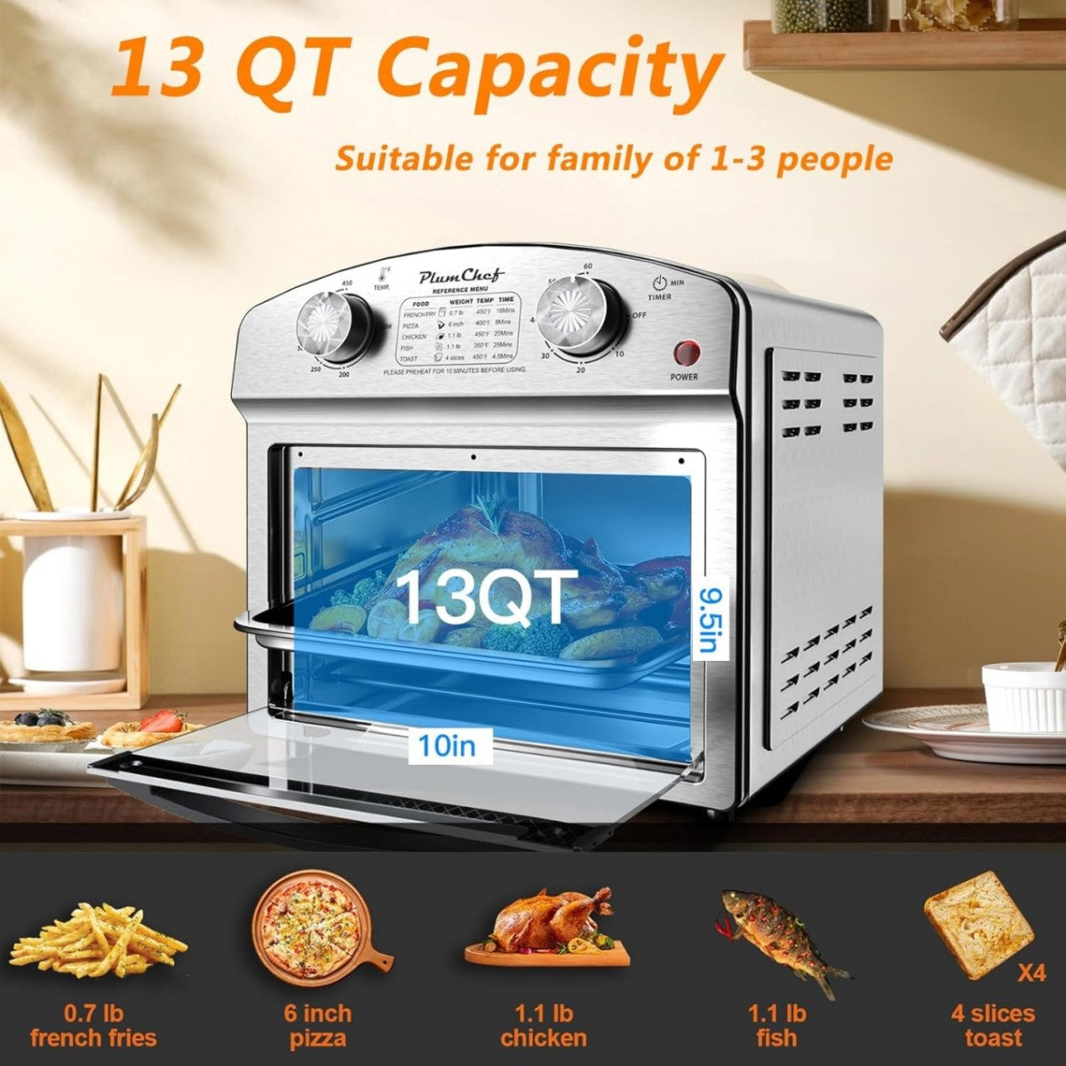 12.5 Quart 7-in-1 Stainless Steel Convection Toaster Oven 1500W 5 Pre-Set Menus Silver
