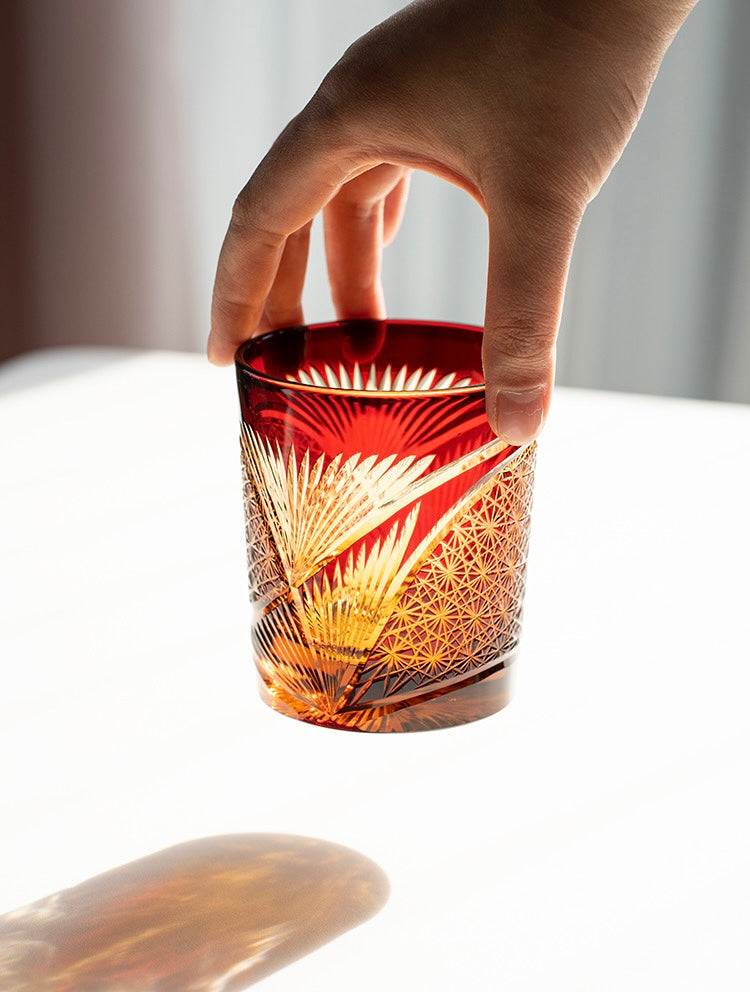 Edo Kiriko Hand-Carved Peacock Pattern Whiskey Glass