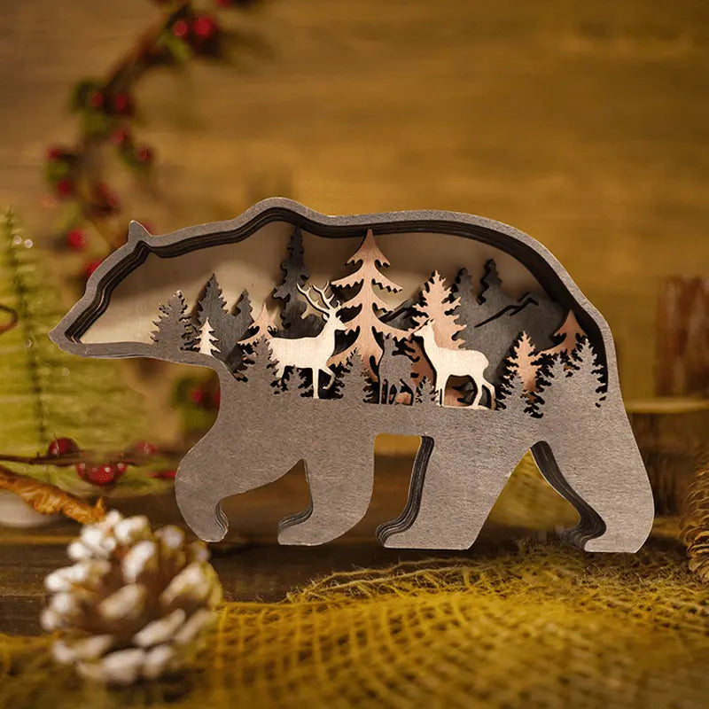 Multi Layer 3D Bear Wooden Carfts Wall Statue Freestanding Art Decor with Lights