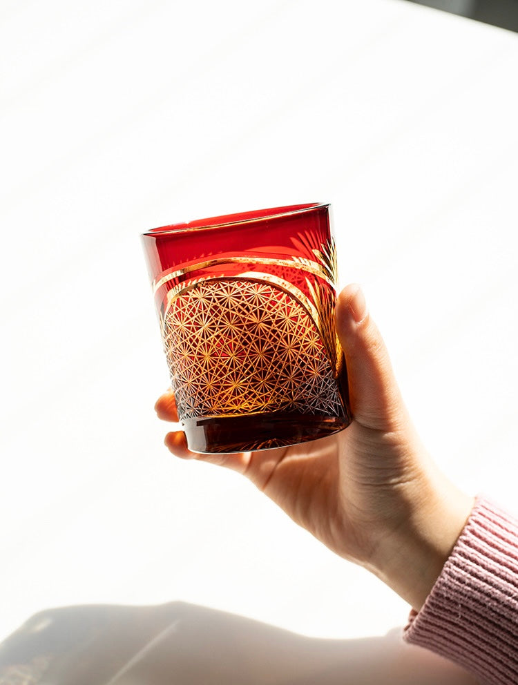 Edo Kiriko Hand-Carved Peacock Pattern Whiskey Glass