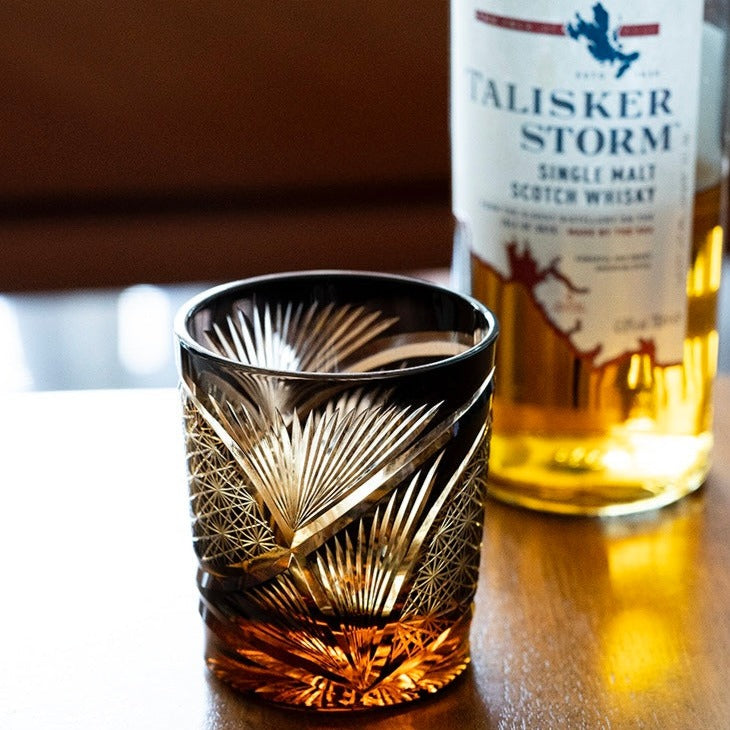 Edo Kiriko Hand-Carved Peacock Pattern Whiskey Glass