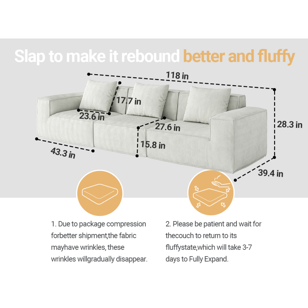 118-inch modular sofa can be converted into an oversized sofa bed  Free conversion sofa set flexible configuration, soft corduroy cloud velvet fabric