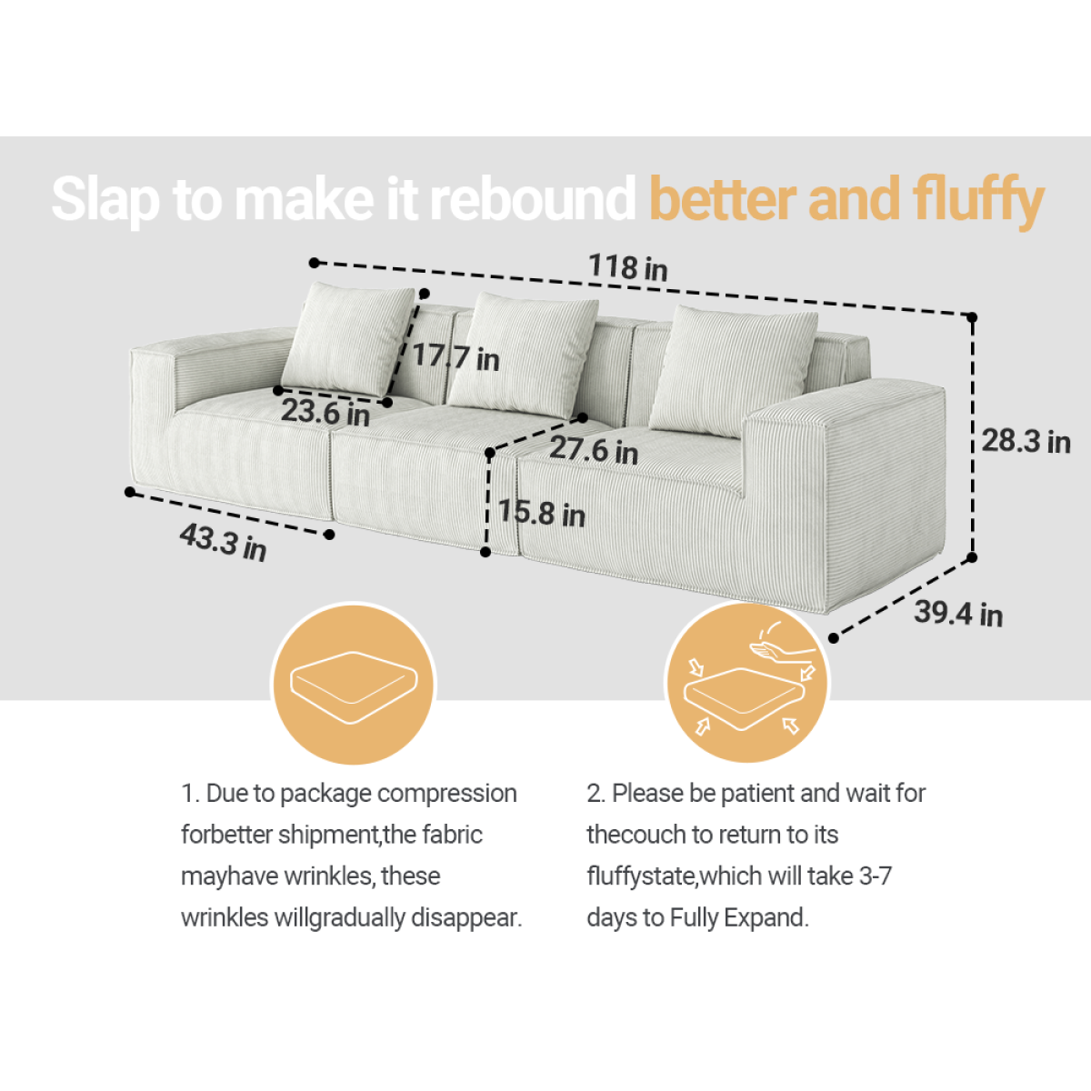 118-inch modular sofa can be converted into an oversized sofa bed  Free conversion sofa set flexible configuration, soft corduroy cloud velvet fabric