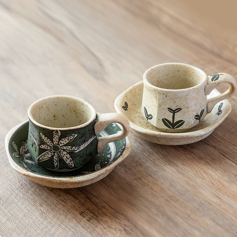 Hasami-Yaki Ceramic Hand-Painted Floral and Leaf Pattern Coffee Cup