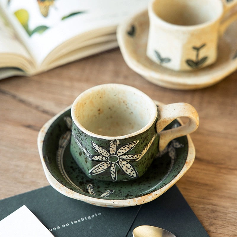 Hasami-Yaki Ceramic Hand-Painted Floral and Leaf Pattern Coffee Cup