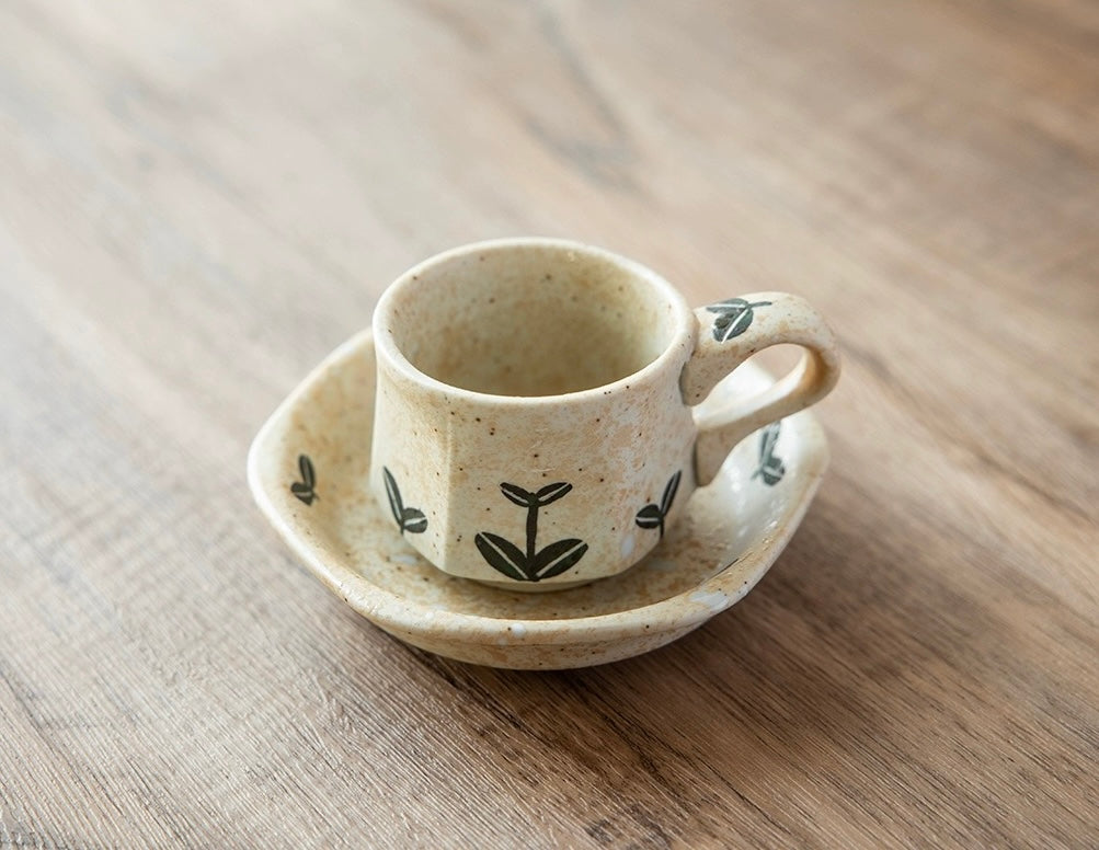 Hasami-Yaki Ceramic Hand-Painted Floral and Leaf Pattern Coffee Cup
