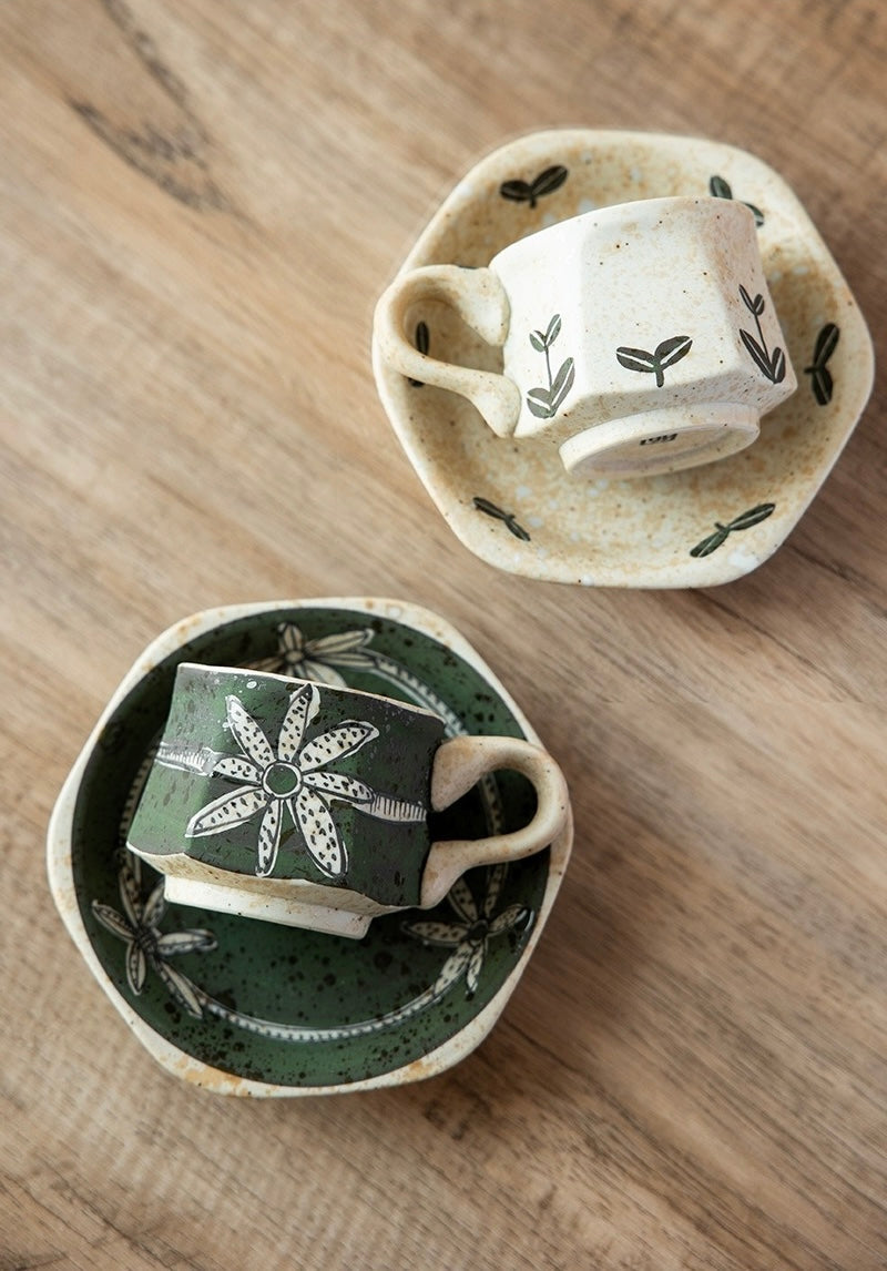 Hasami-Yaki Ceramic Hand-Painted Floral and Leaf Pattern Coffee Cup