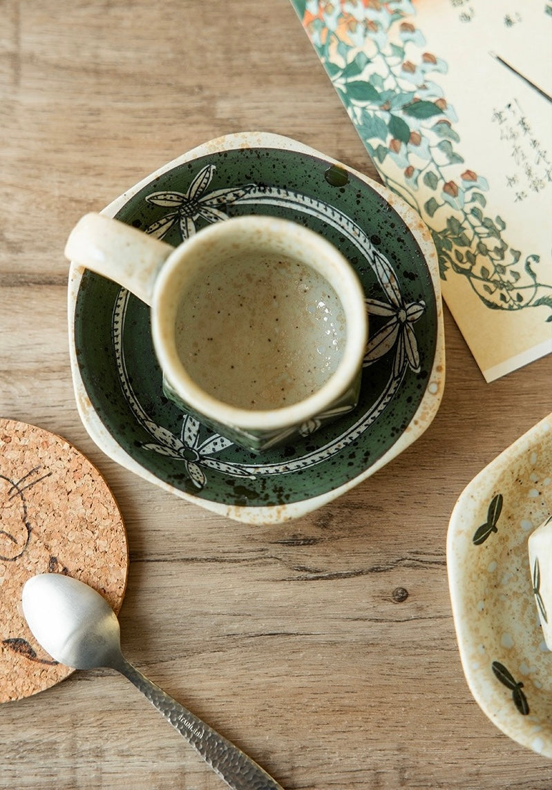 Hasami-Yaki Ceramic Hand-Painted Floral and Leaf Pattern Coffee Cup