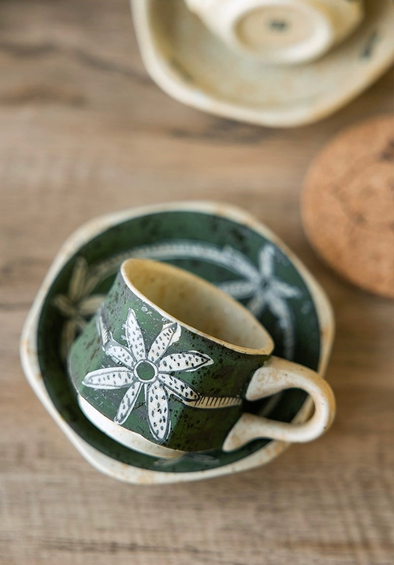 Hasami-Yaki Ceramic Hand-Painted Floral and Leaf Pattern Coffee Cup